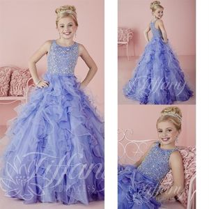 Little Girls Pageant Dresses Wear 2021 New Jewel Neck Crystal Beads Lavender Tulle Formal Party Dress for Teen Kids Flowers Girls 1632