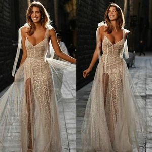 Berta 2020 Lace Pearls Wedding Dresses Spaghetti Straps Beach Sequins Backless Bridal Clows Vestido de Novia286d