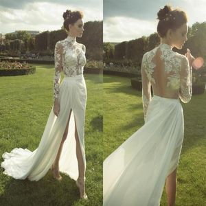 Front Split Wedding Dresses High Neck Long Sleeve Hollow Back Illusion Lace Top Chiffon 2020 Spring Bridal Gowns Custom Size288h