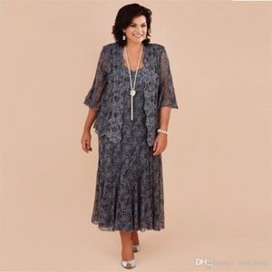 Plus Size Graue Spitze Teelang Kleider für die Brautmutter mit Jacke Hochzeit Mutterkleid Formelles Vestido de renda247z