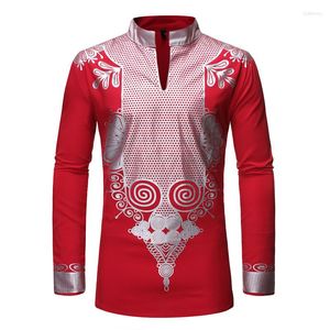 Etniska kläder Mens Hipster Red African Dashiki Print Dress Shirts Slim Fit Long Sleeve Men Clothes Streetwear Casual Camisa Masculina