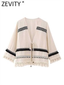 Kvinnors jackor zevity kvinnor mode broderi sömmar hem tassel cardigan snörning kimono jacka kappa kvinnliga ytterkläder chic kappa toppar ct4338 l230724