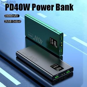 40W Power Bank 20000MAHポータブル充電器高速充電デジタルディスプレイ補助バッテリーiPhone Mi L230619用懐中電灯