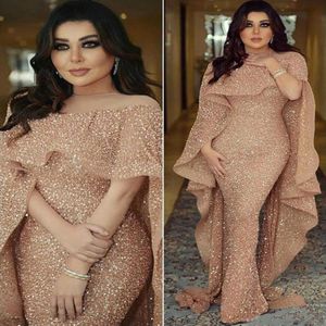 Luxury Off Shoulder Sequined Evening Dresses Mermaid Lace Beaded Half Sleeve Dubai Formal Party Dress Arabic Prom Gowns Gold Custo216O