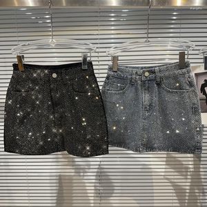 PREPOMP Spring Summer 2023 Skirts Collection Rhinestone Diamonds Denim Slim Bodycon Short Mini Skirt Women GH508