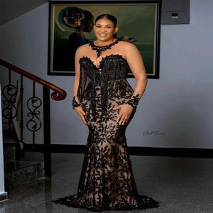 2021 Black Lace Evening Dresses Women Plus Size Long Sleeves Mermaid Aso Ebi Prom Dress Appliques Custom Made South Africa Gown263K