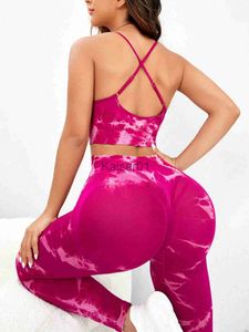 Yoga Outfits 2pcs Rose Red Tie Dyeing Seamless Yoga Crisscross Back Tight Leggings Soft Sport Suit Workout Training For Women Sportwear x0724