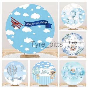 Background Material Laeacco Aircraft Theme Birthday Circular Background Cartoon Blue Sky White Cloud Red Aircraft Baby Portrait Photo Background x0724
