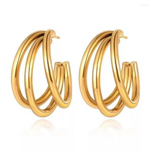 Stud Earrings Hollow Triple Hoops C-shaped Multilayer Geometric Metal Texture Strand Split Hoop With Gold Plating Finish