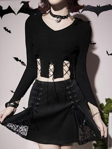 Women's T Shirts 2023 Dark Knitted Lace Up Harajuku Mall Gothic T-shirts Grunge Punk Hooded Bodycon Women Crop Tops Black Long Sleeve Alt