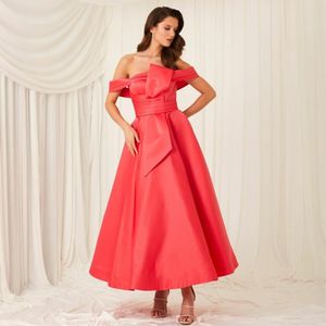 Elegant Short Red Satin Evening Dresses With Pockets A-Line Scalloped Ankle Length Zipper Back Muslim Pleats Formal Party Gown for Women