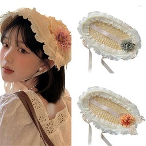 Berets LolitaStyle Straw Hat For Women Girls Princess Lace Flower Bonnet Large Brim Handwoven Summer Headwear