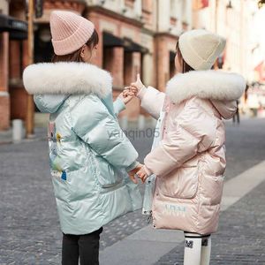 다운 코트 2023 Winter New Girls Fashion Down Coat 어린이의 냉기 따뜻한 두꺼운 코트 여자 핑크 후드 방수 오리 다운 코트 hkd230725