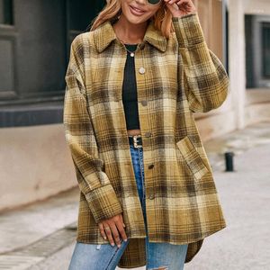 Magliette da donna Camicia monopetto scozzese casual allentata in peluche Giacca in cashmere Top di media lunghezza Top da donna a maniche lunghe da donna