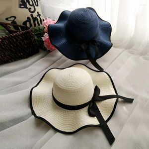 Wide Brim Hats Beautiful Straw Hat Roll Up Sun Sweet Bow Decor Floppy Beach Braided