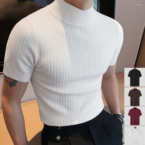 T-shirt da uomo T-shirt da uomo Collo alto Manica corta Maglia Top Texture Elastico Estate Tinta unita Bottoming Knitting