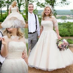 Vintage Ankle-length Wedding Dress with Half Sleeve 2021 Lace Applique Plus Size Beige Countryside Bridal Gowns Vestido De Novia L262f