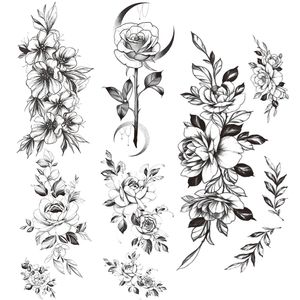 Sweatpea Zweig gefälschte temporäre Tattoos für Frauen schwarze Rose Mond Blume Tattoo Aufkleber Pfingstrose Lilie Blätter Tatoos Body Art Armband