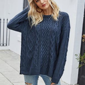 Women's Sweaters Woman Casual Loose Pullover Knitted Sweater Women Autumn And Winter Pullovers Cable Slit Crew Neck Top Clothes