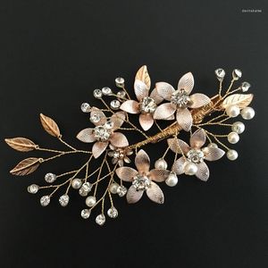 Grampos de cabelo SLBRIDAL feitos à mão com fio cristal dourado strass pérolas flor clipe de casamento presilhas acessórios para cabeça nupcial