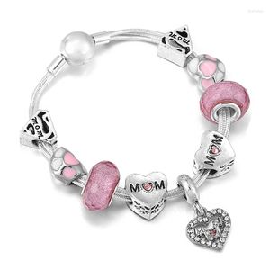 Charm Bracelets DIY Crystal Love Heart Pendant Bracelet Fit Brand Multi-layer For Mother Day's Romantic Pink Jewelry Gift