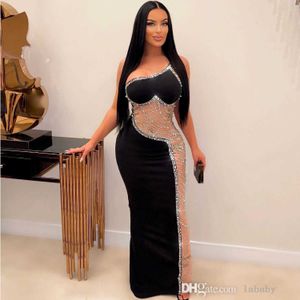 2023 INS Club Evening Sexy Prom Dresses For Woman One Shoulder Sleeveless Mesh Patchwork Diamonds Summer Maxi Long Party Dress