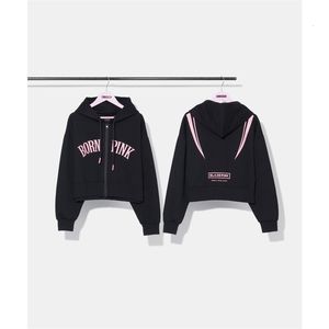 Moletons femininos com capuz Kpop Born Pink in Mexico Tour Crop Tops com capuz Cardigã manga longa com zíper casaco de algodão Y2K oversize pulôver curto moletom 230724