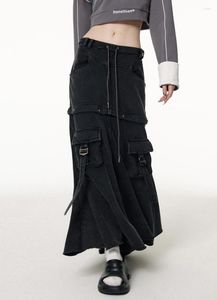 Saias Coreano Retrô Duas Vestimentas Destacável Pesado Drape Punk Preto E Cinza Vestido Médio Longo Solto Saia Casual Feminino Y2K