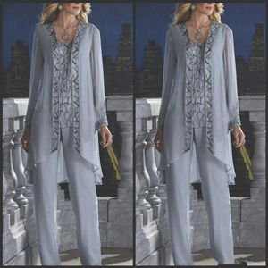 2020 New Mother Of The Bride Groom 3 Piece Pant Suit Silver Chiffon Beach Wedding Mothers Dress Long Sleeves Beads Formal Evening 2360