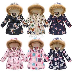 Down Coat Thicken Warm Jackets For Girls Big Size Heavy Flower Hooded Outwear Plus Velvet 3-10 Years Kids Coats Birthday Present HKD230725