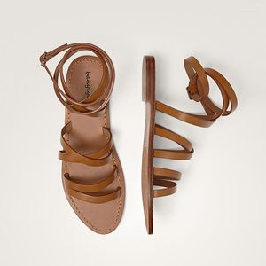 Сапоги Cool Angle Summer Sandals ремешок с ремонтом гладиатора коричневая подлинная кожаная богемная плоская туфли женщины сандалии пед