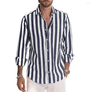 Camisas casuais masculinas 2023 verão listras impressão camisa marca gola polo manga longa botão solto praia top roupas de rua