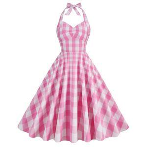 Hepburn w stylu Ingrid Barbie Pink Plaid High Pase z szczupłą wiszącą szyję i dużą sukienkę z huśtawką środkowej długości