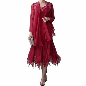 Vestidos de noiva elegantes com aplicação de renda para mãe da noiva Chiffon Linha A Vestido de convidada com jaqueta Vestidos de mãe com comprimento de chá 285G