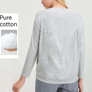 Lu Lu Lu Women Long Sleeve Summer Autumn Cotton Cotton LEGHSEVE THIRE Tシャツレディムスリムフィットスタイルネックラインルーズドロップドロップ肩出す可能なスポーツヨガドレストップ