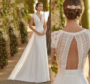 Ivory Lace Satin Modern Wedding Dress 2024 With Detachable Train V-Neck Cap Sleeves Boho Bride Gowns Plus Size Cut-Out Vestidos De Noiva