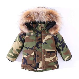 Casaco de penas -30 graus roupas de inverno novas para crianças Jaqueta grossa de camuflagem para meninos Casaco de penas vermelho quente para meninas 2-8T HKD230725