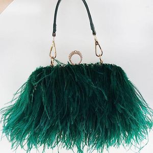 Kvällspåsar lyxig strutsfjäder för kvinnor kedja axelväska Tassel Party Clutch Purse Green Wedding Handväskor