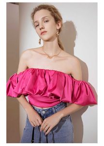 Fashion Womens Shoulder Crop Tops Ruffle Women Summer Short Sleeve Lady New Slash Neck Strapless Blouse Rose Red And White