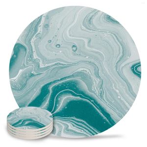 Table Mats Marble Texture Turquoise Round Ceramic Drink Cup Coffee Pad Tea Mat Dining Placemat Decoration 4PCS