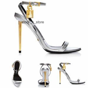 och Tom Fords Sliver Läder Sandaler Kvinnor Höga klackar Sandalskor Key Paklock Wedding Party Dress Gold Heels Ankel Strap Gold-Lock 35-43 Box