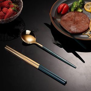 Flatware Sets 4pcs Household Black Gold Cutlery Set Chopsticks Spoon Green Stainless Steel Dinnerware Luxury Tableware
