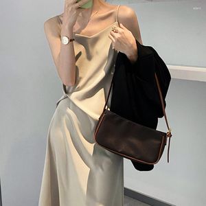 Casual Dresses Women Sling Dress Slim Waist Satin 2023 Summer Fashion Solid Color Long Chic Pretty Simple Midi Female