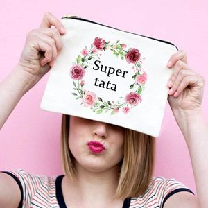 Super Tata Coroa de flores Estampa Maquiagem Bolsa Feminina Neceser Sacos de Cosméticos Bolsa de Lona com Zíper Bolsa de Viagem Organizador de Higiene Pessoal Melhores Presentes para Tata