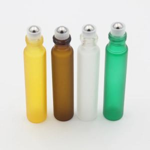 Neue matte Glas-Parfümflasche, Roll-on-Flaschen, bernsteinfarben, für Düfte, ätherisches Öl, Edelstahl-Rollerball, einfach, 10 ml