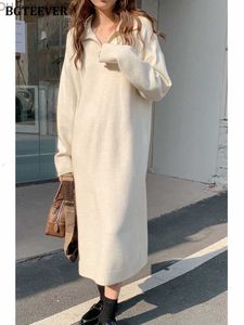 Grundlegende Freizeitkleider Freizeitkleider BGTEEVER Verdicken Warm Lose Pullover Frauen Herbst Winter Revers Volle Hülse Solide Lange Strickte Weibliche vestidos 221125 Z230725