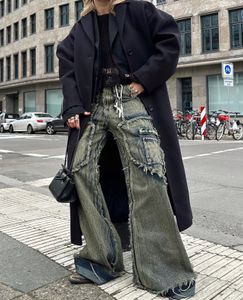 Original No/Fair Duty Heavy Washed Denim Loose Pants Fade Denim blossade Löst rak Tassel denim Löst män Streetwear kausal jeans