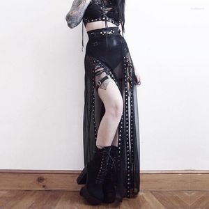 Kjolar 2023 harajuku punk svart ihålig ut kjol y2k goth grunge lapptäcke ögla split lång sommarbandage sexig nattklubb