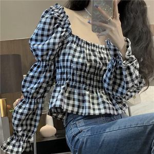 Blusas Femininas Roupas Infantis 2023 Primavera Verão Manga Lanterna Elástica Gola Quadrada Xadrez Manga Longa Camisa Estilo Francês Topo Vintage