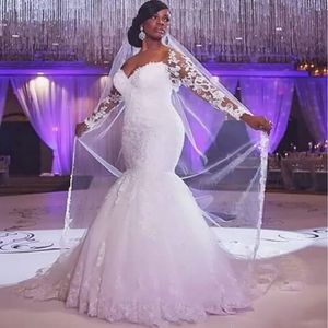 Abiti da sposa bianchi Taglie forti Abiti da sposa avorio Sirena formale Tromba Manica lunga Sweetheart Tulle Applique Cerniera Nuova personalizzazione